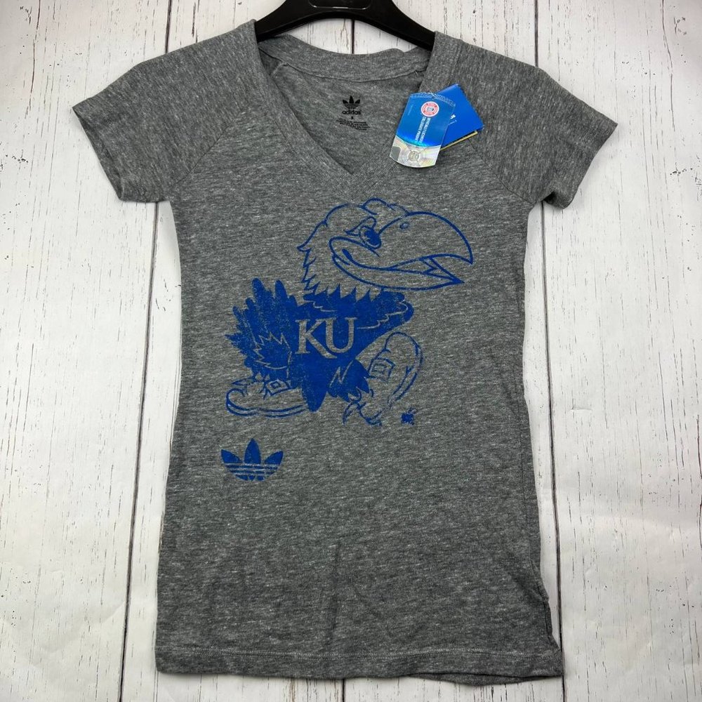 Kansas Jayhawks NCAA Small Adidas V-Neck T-Shirt Gray New Women